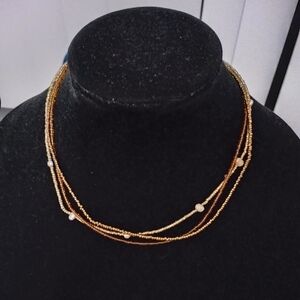 Elegant Golden Bronze Brown Tones Beads Faux Pearls Accents Necklace